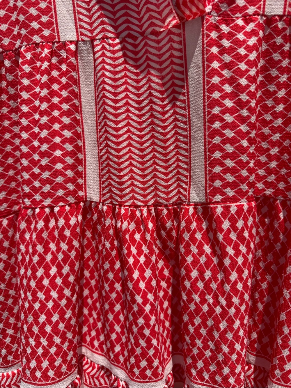 Red and White Patterned Tiered Dress